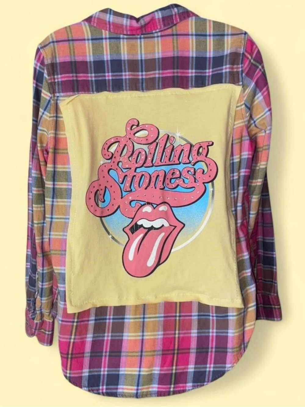 Upcycled Sonoma Rolling Stones Plaid Button-Down Shirt with rhinestones - Picture 3 of 15